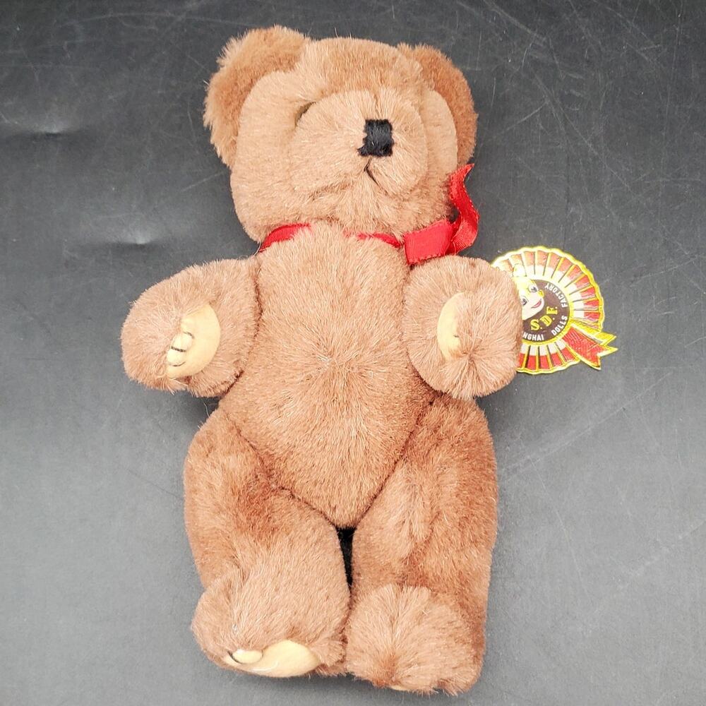 Vintage Shanghai Toys Factory Brown Teddy Bear Plush Stuffed Animal 8 Inch